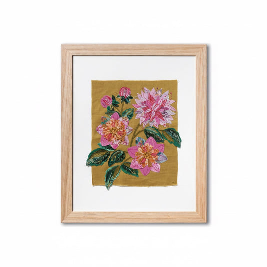 Patchwork with Busyfingers Dahlia slow stitching kit featuring fabric dahlia flowers in a light wood frame.