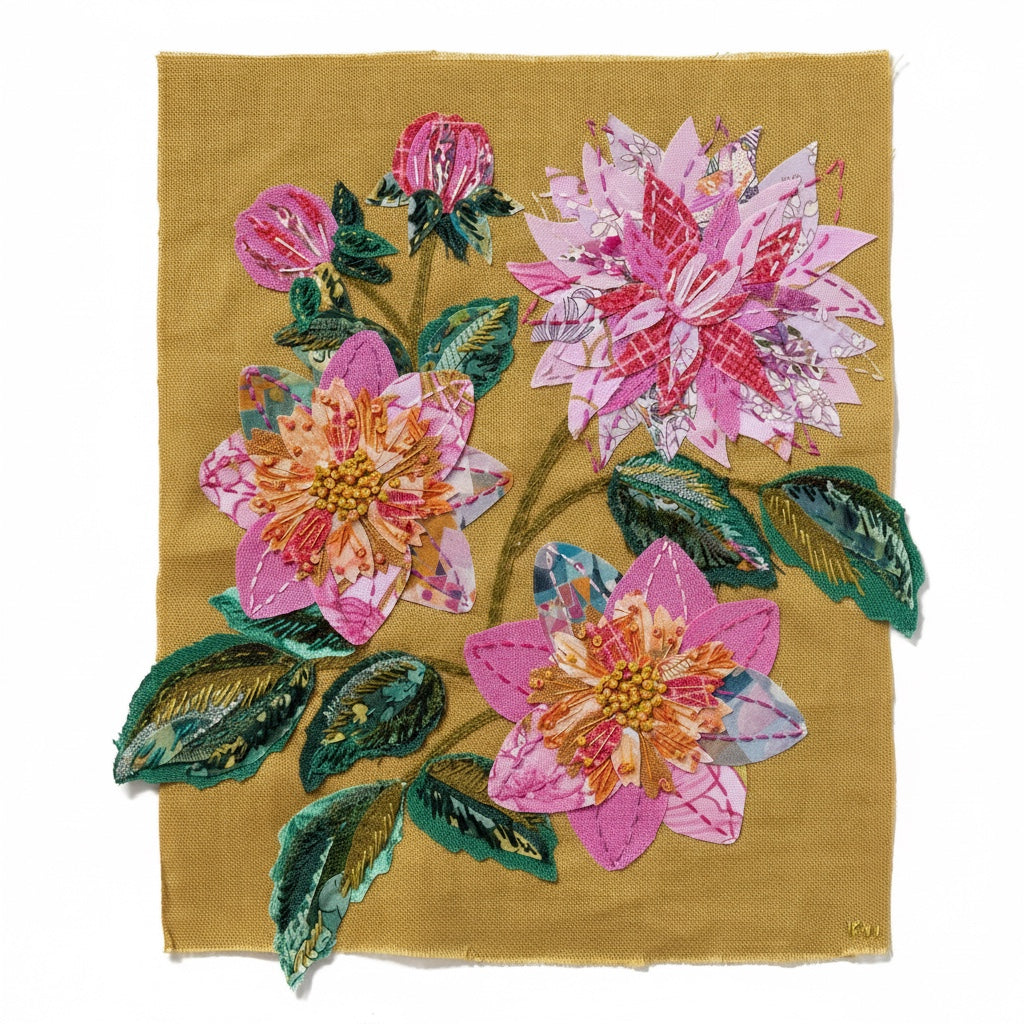 Patchwork with Busyfingers Dahlia slow stitching kit featuring fabric flowers in pink, mauve, and green on linen