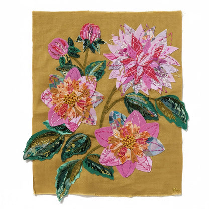 Patchwork with Busyfingers Dahlia slow stitching kit featuring fabric flowers in pink, mauve, and green on linen