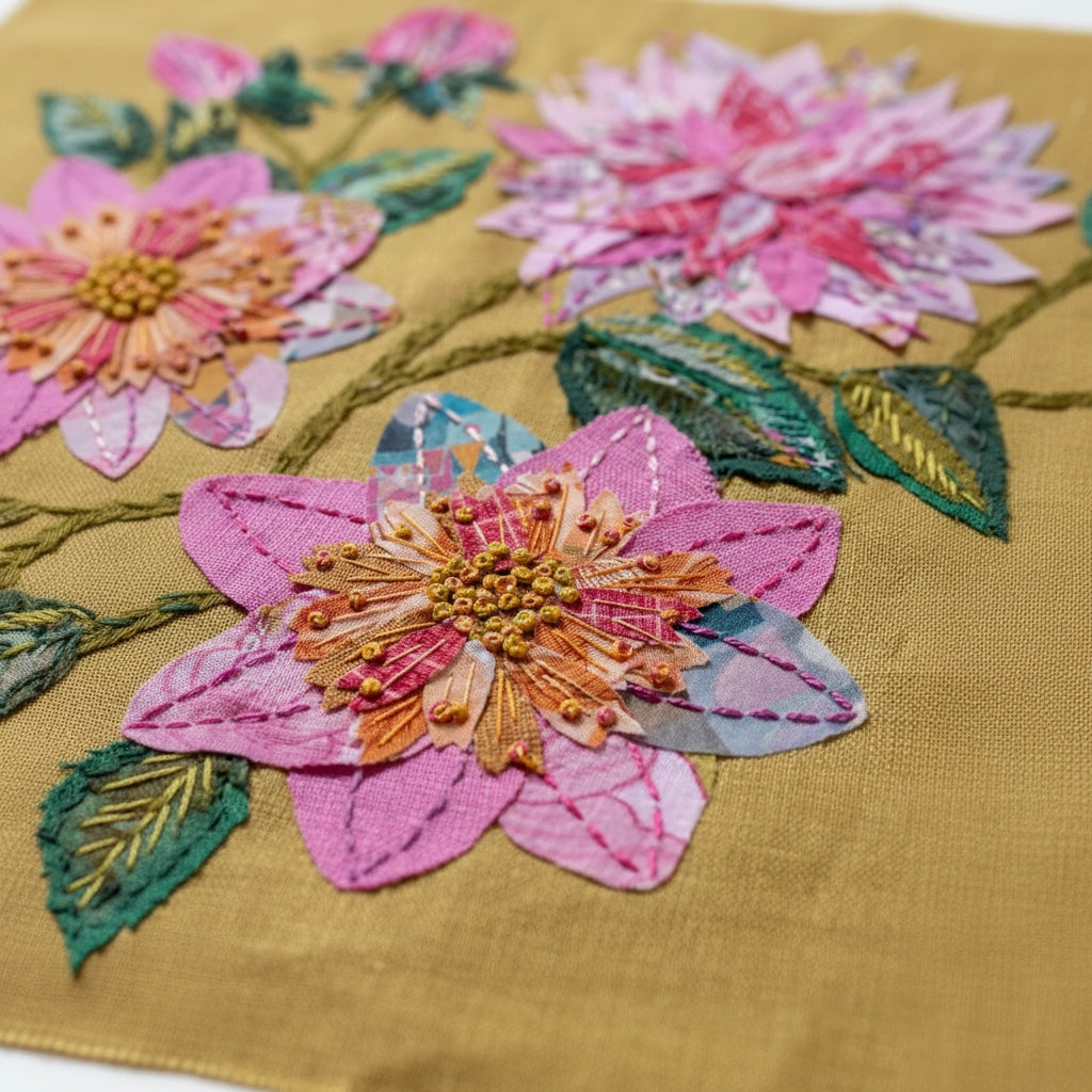 Patchwork with Busyfingers Dahlia slow stitching kit featuring fabric flowers in pink and terracotta on yellow linen.