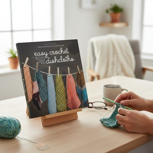 Patchwork with Busyfingers Easy Crochet Dishcloths book featuring colourful dishcloths hanging on a line. Includes crochet project.