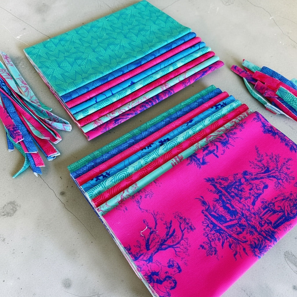 Patchwork with Busyfingers Electric Lagoon 8-piece cotton fabric fat eighth pack in vibrant pink and teal prints.
