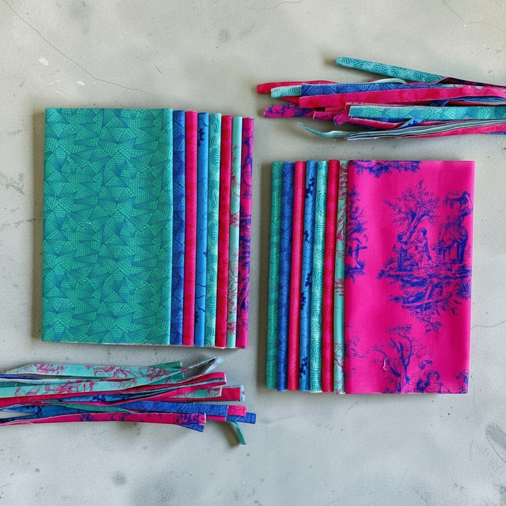 Patchwork with Busyfingers Electric Lagoon fat eighth fabric pack featuring 8 assorted 100% cotton prints in pink and teal.