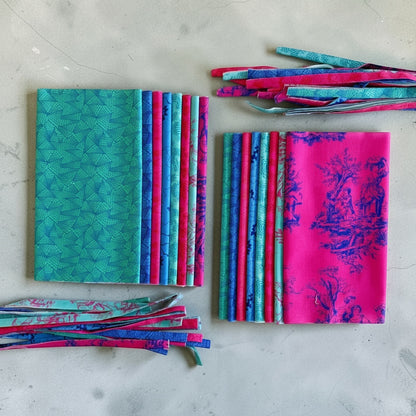 Patchwork with Busyfingers Electric Lagoon fat eighth fabric pack featuring 8 assorted 100% cotton prints in pink and teal.