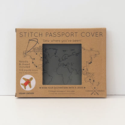 Patchwork with Busyfingers grey vegan leather passport holder with world map design and stitching kit to mark travels.