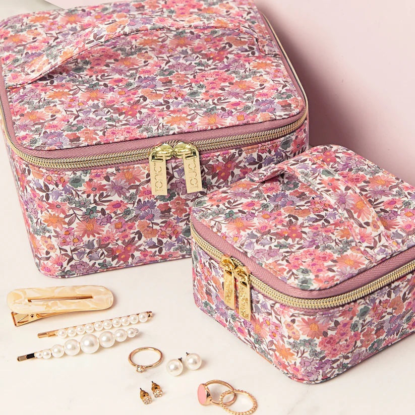 Patchwork with Busyfingers small floral print jewellery cube organiser, pink, purple, and orange flowers, gold zip.