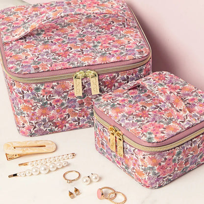 Patchwork with Busyfingers small floral print jewellery cube organiser, pink, purple, and orange flowers, gold zip.