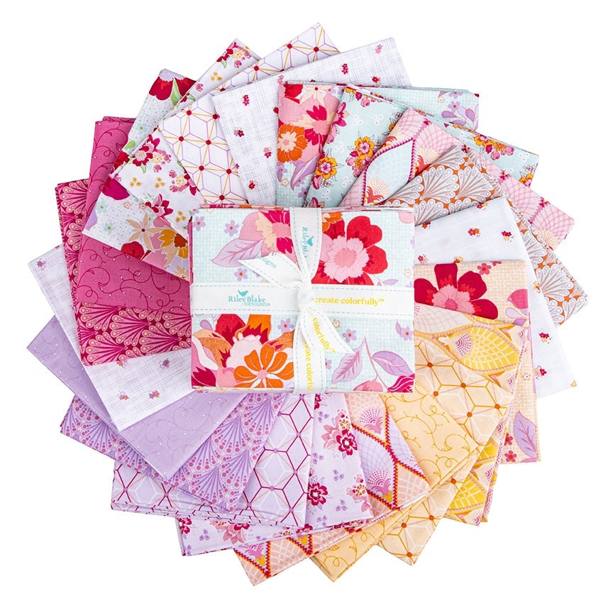 Patchwork with Busyfingers Flourish 25cm fabric bundle featuring 21 floral and geometric patterned cotton squares