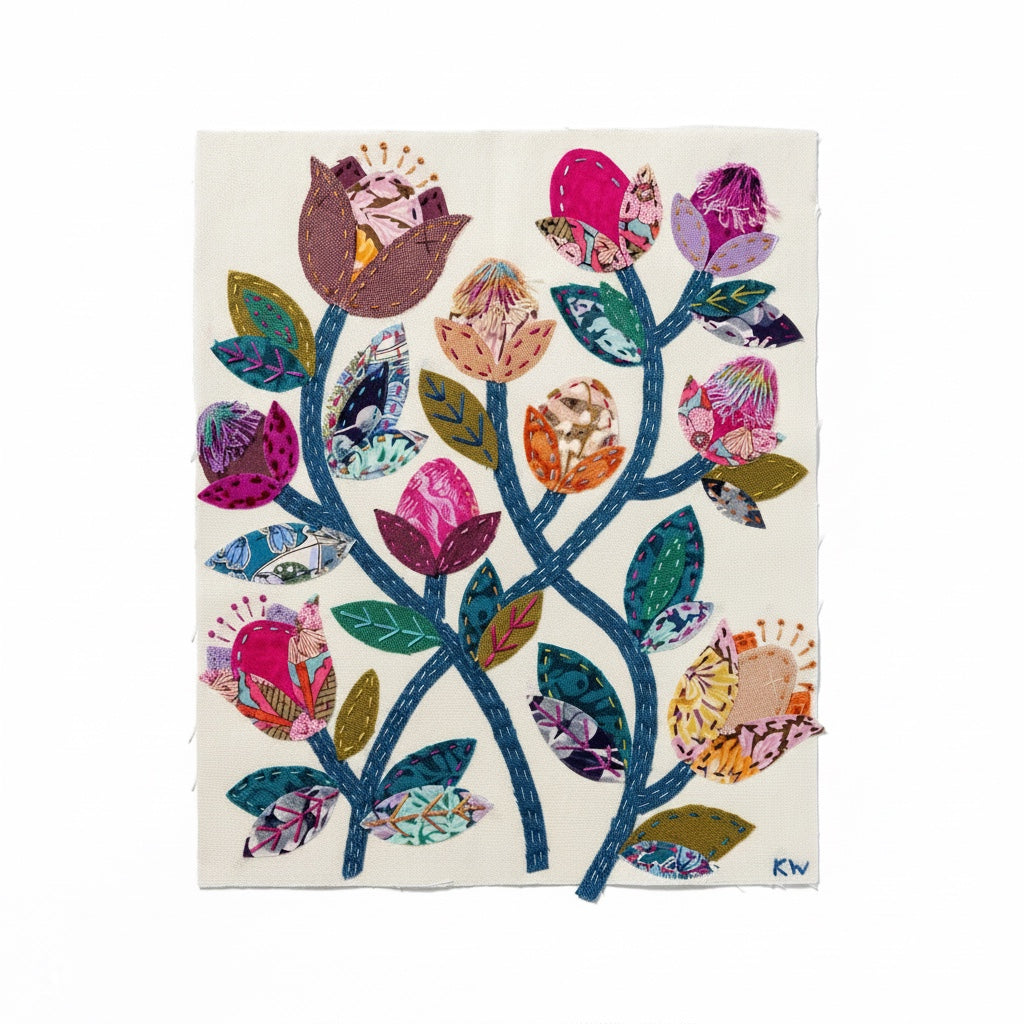 Patchwork with Busyfingers Folk Fleur slow stitching kit featuring vibrant floral applique on linen background