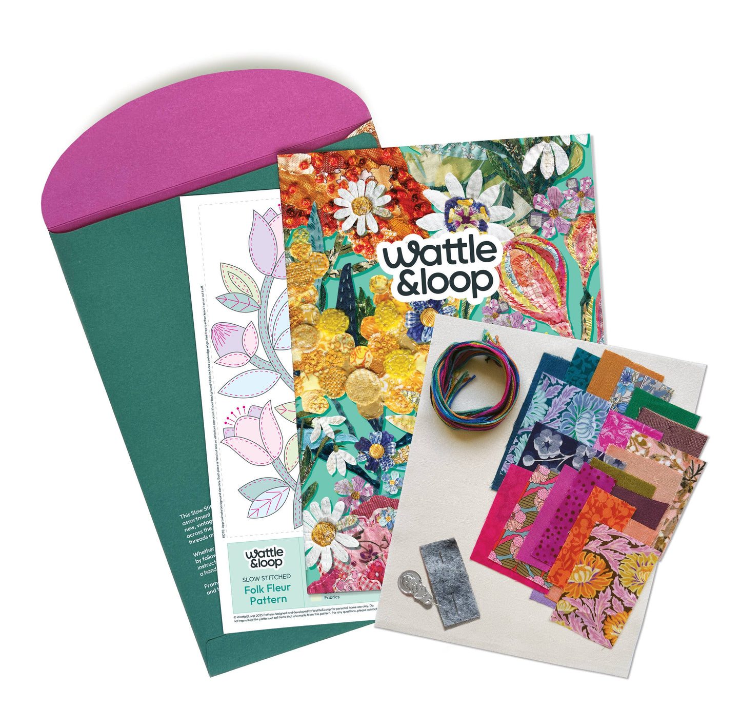 Patchwork with Busyfingers Folk Fleur slow stitching kit with vibrant Liberty London fabrics, threads, and pattern.