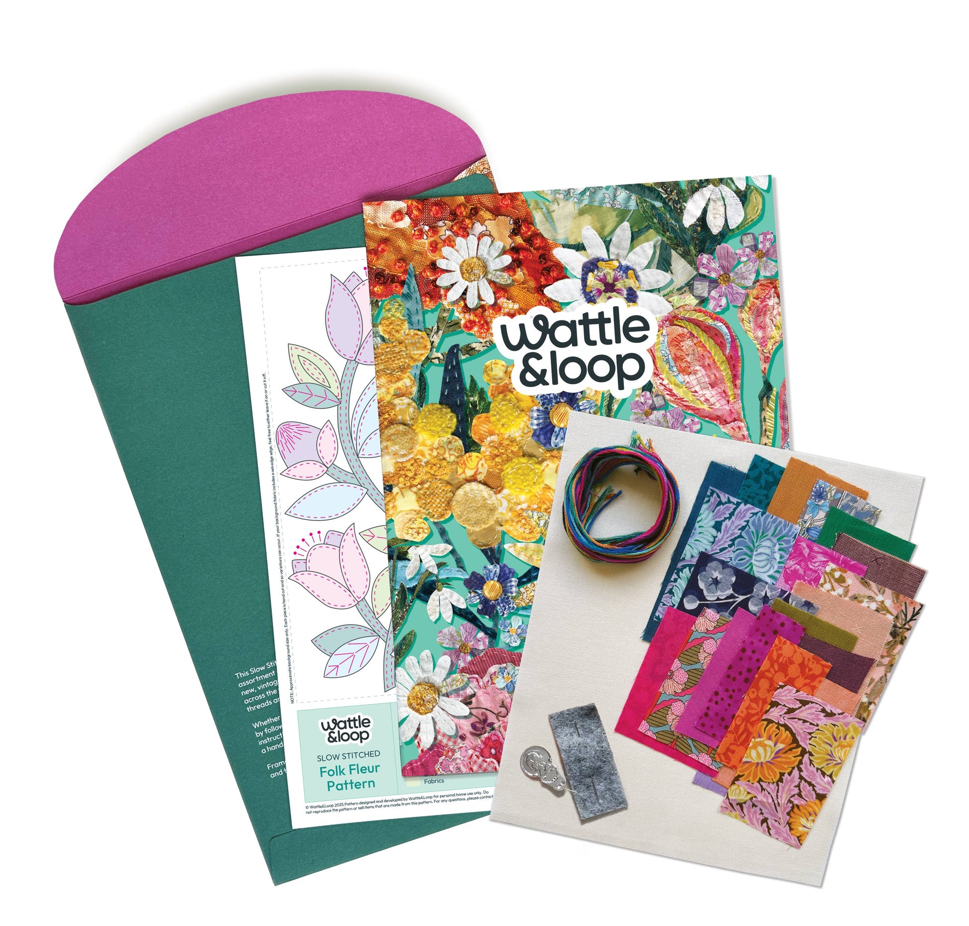 Patchwork with Busyfingers Folk Fleur slow stitching kit with vibrant Liberty London fabrics, threads, and pattern.