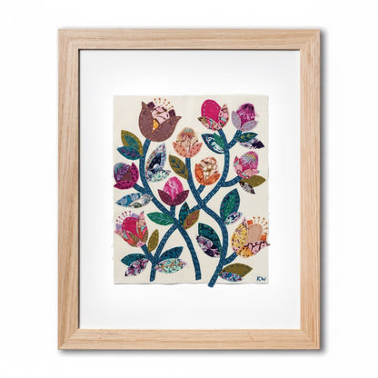 Patchwork with Busyfingers Folk Fleur slow stitching kit featuring vibrant floral fabric applique in a wooden frame.