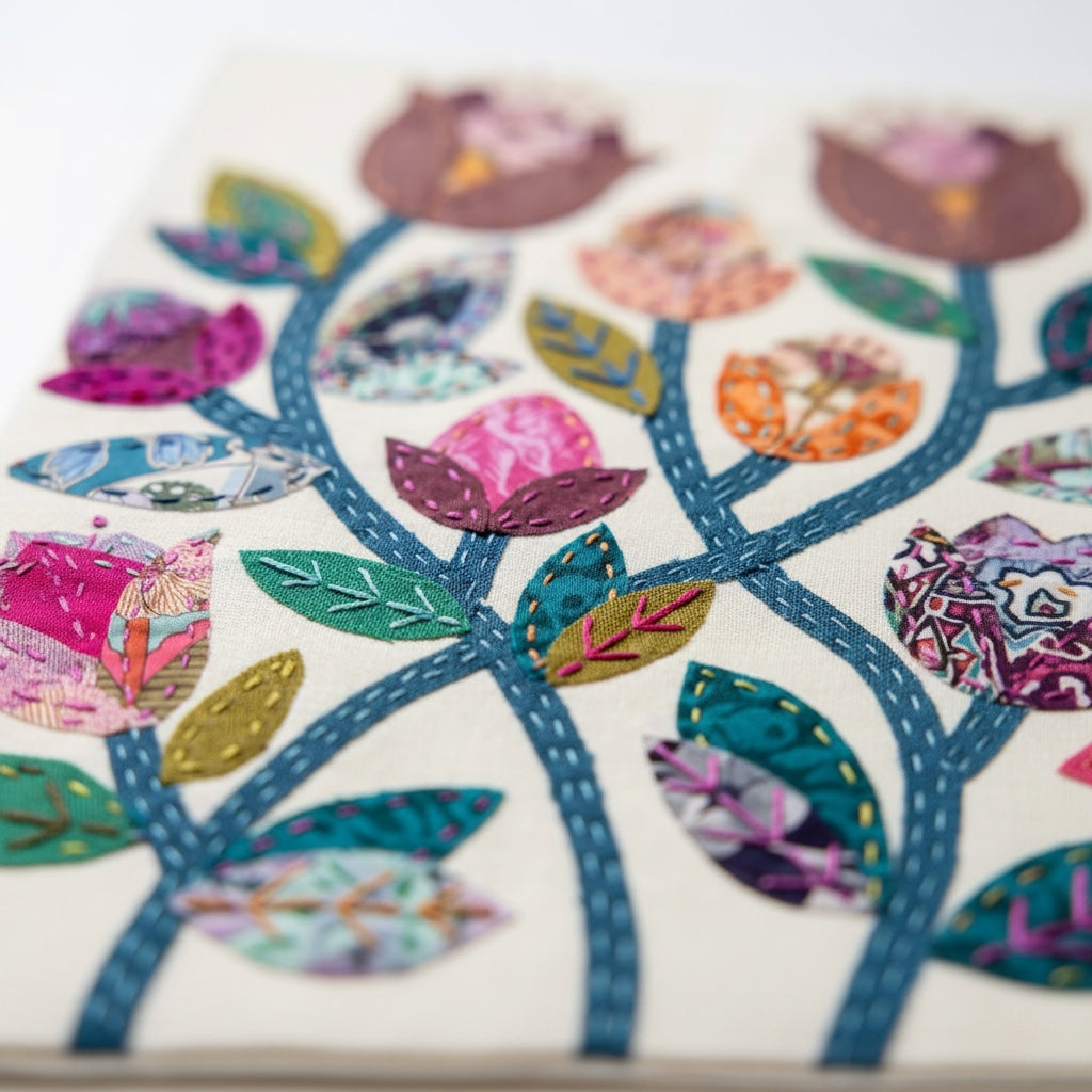 Patchwork with Busyfingers Folk Fleur slow stitching kit featuring vibrant floral fabric applique on linen background