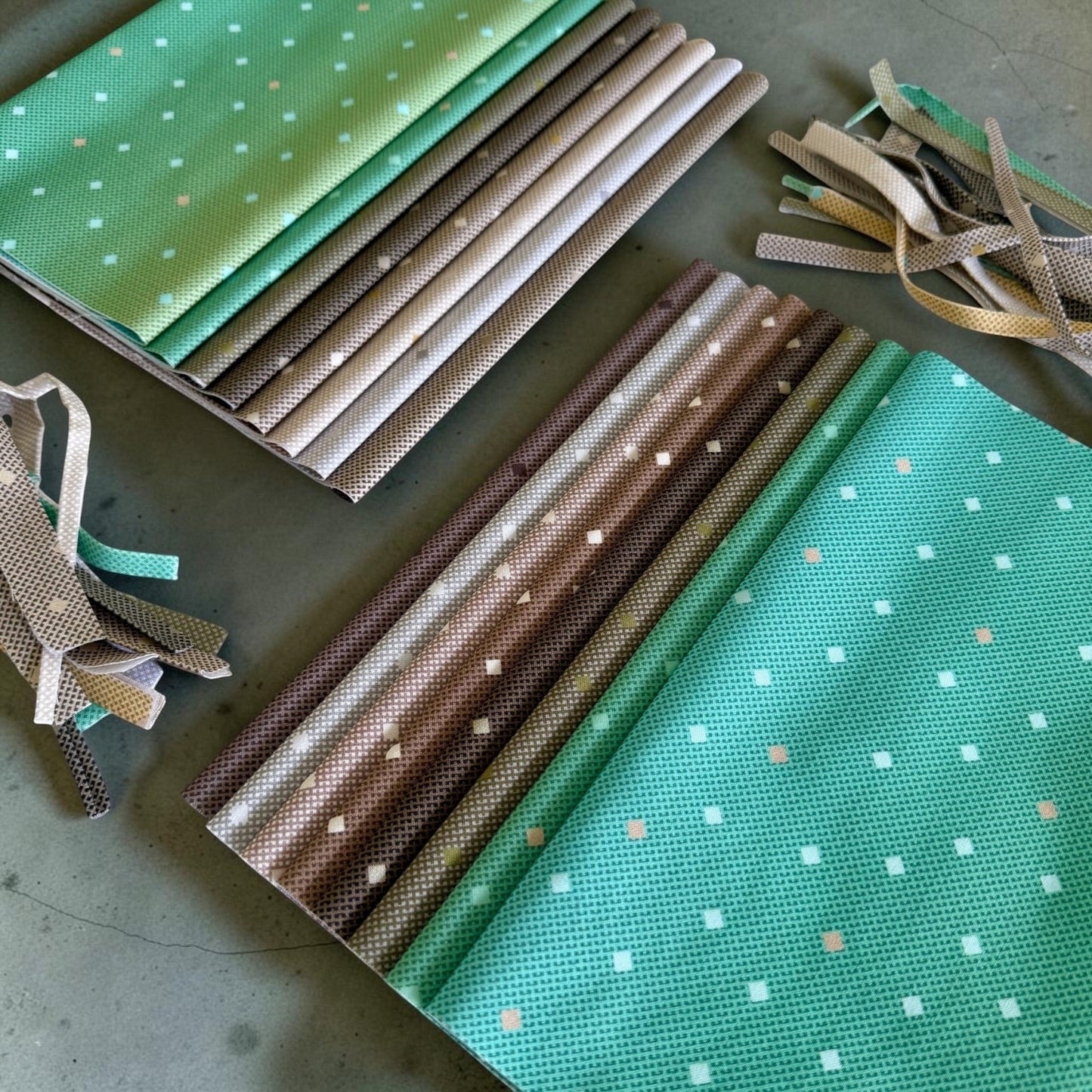 Patchwork with Busyfingers Forest Fog fat eighth cotton fabric pack featuring 8 assorted green and grey geometric prints