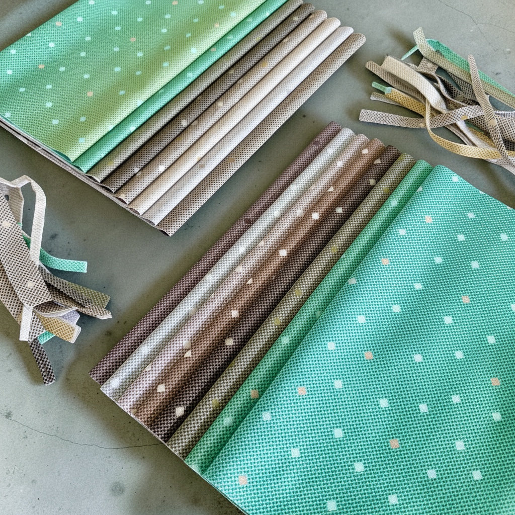 Patchwork with Busyfingers Forest Fog 100% cotton fat eighth fabric pack featuring 8 green and grey patterned prints.
