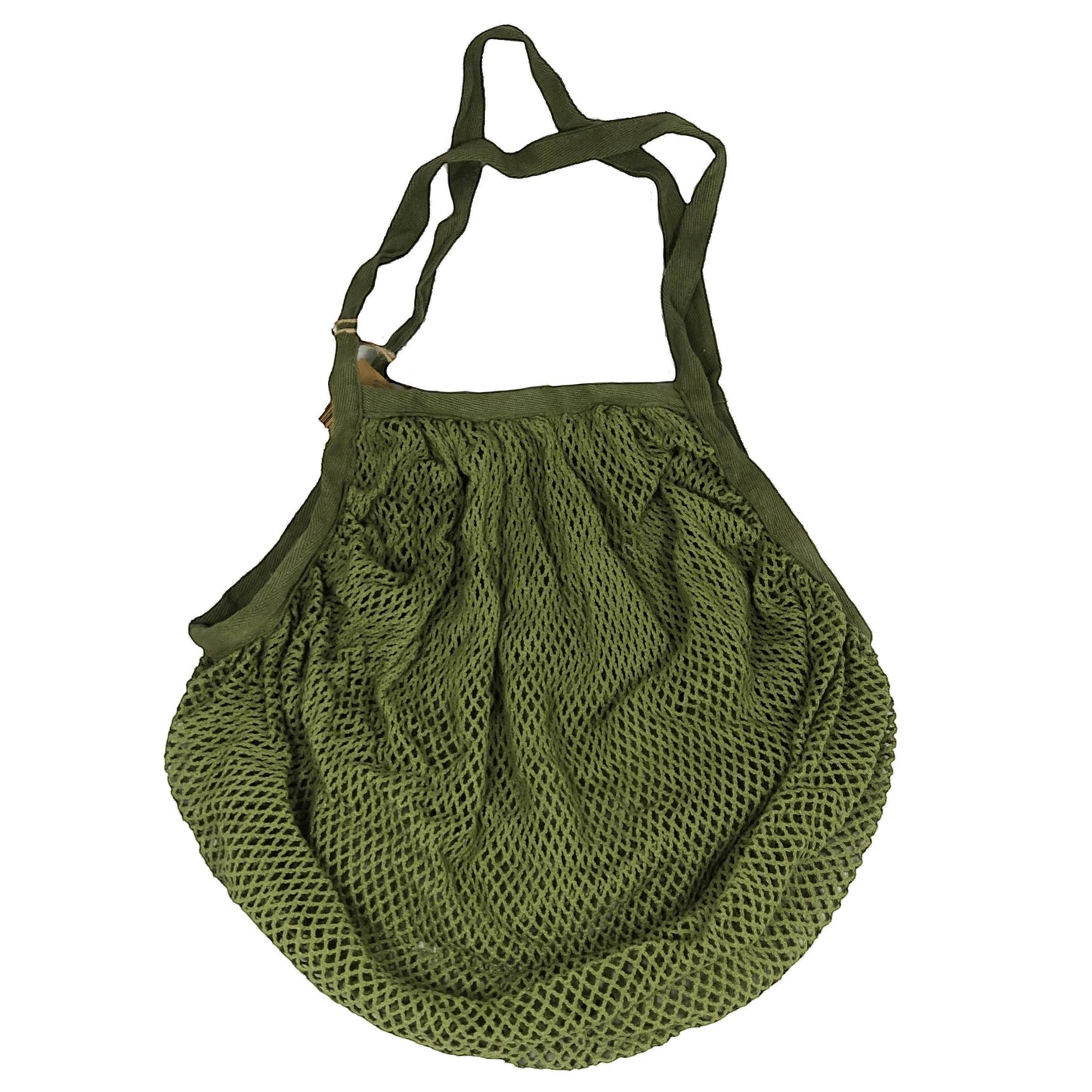 Patchwork with Busyfingers Forest green 100% cotton crescent net bag with long handles. Stretchy mesh design.