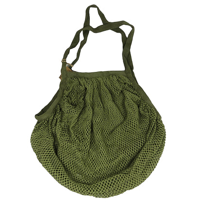 Patchwork with Busyfingers Forest green 100% cotton crescent net bag with long handles. Stretchy mesh design.