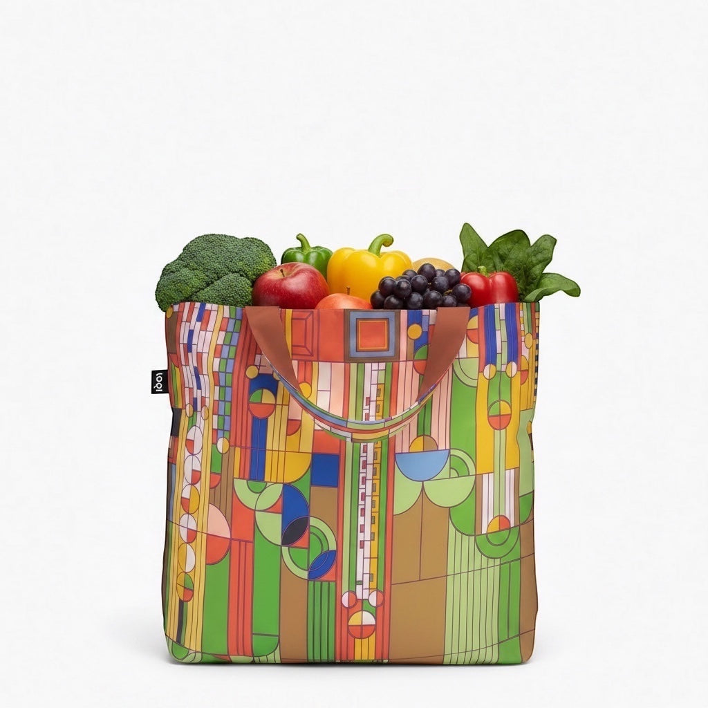 Patchwork with Busyfingers Frank Lloyd Wright Liberty shopper tote in TPU with geometric architectural motifs in vibrant colours.