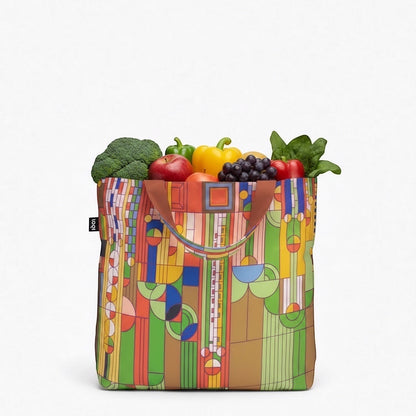 Patchwork with Busyfingers Frank Lloyd Wright Liberty shopper tote in TPU with geometric architectural motifs in vibrant colours.