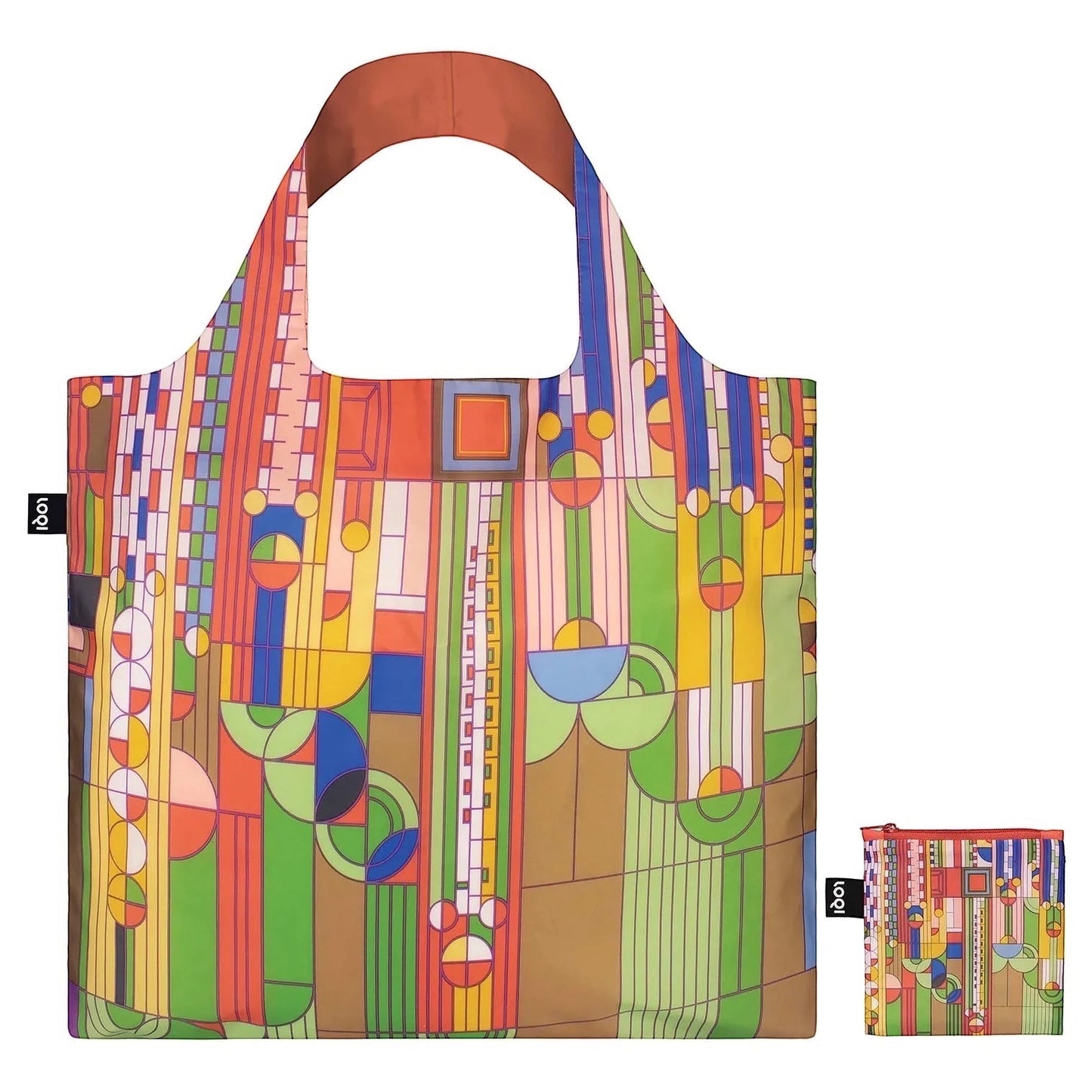Patchwork with Busyfingers Frank Lloyd Wright Liberty shopper tote with geometric architectural motifs in multicolors. Foldable TPU bag.