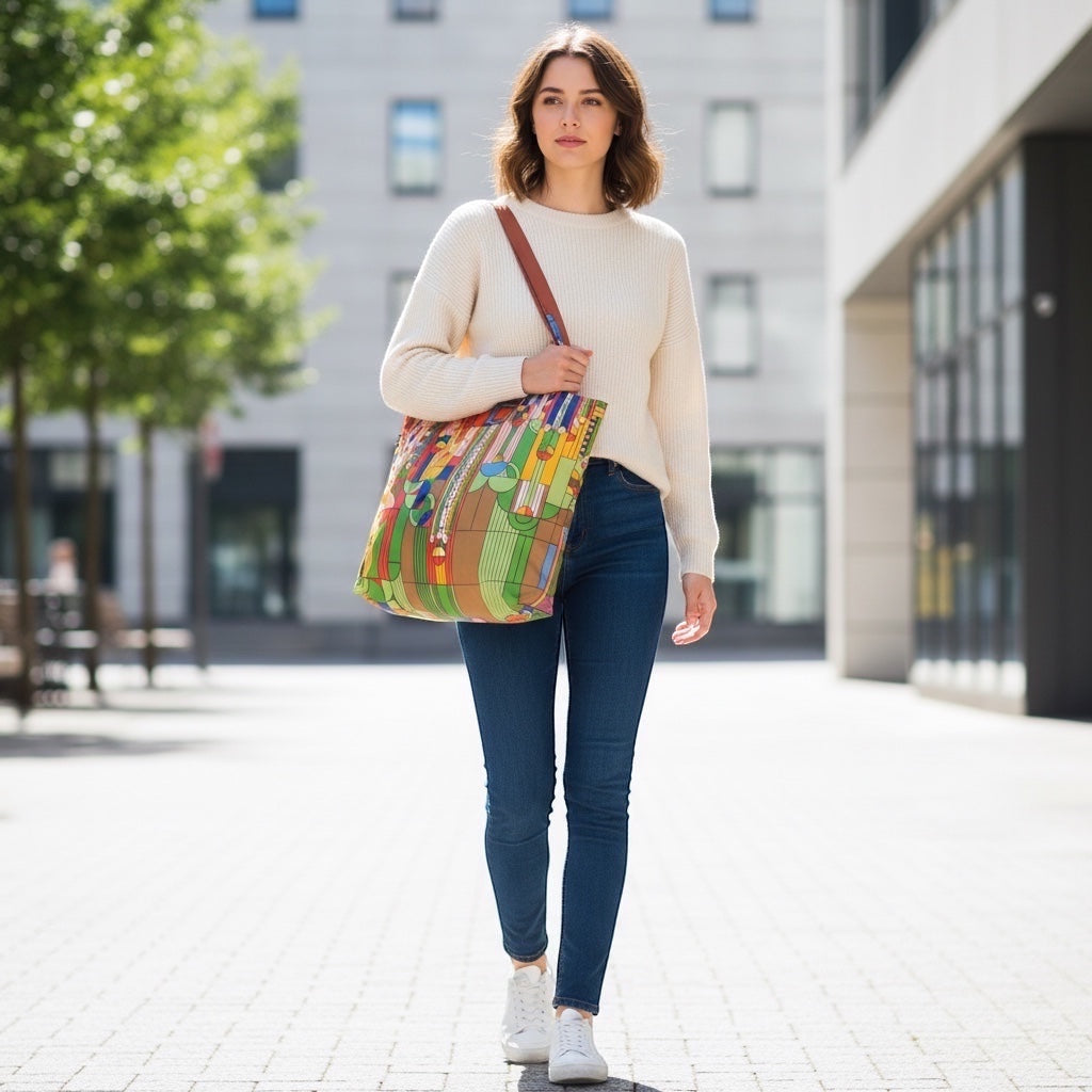 Patchwork with Busyfingers Frank Lloyd Wright Liberty shopper tote, colourful geometric architectural pattern, TPU, foldable, 50cm x 42cm.
