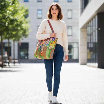 Patchwork with Busyfingers Frank Lloyd Wright Liberty shopper tote, colourful geometric architectural pattern, TPU, foldable, 50cm x 42cm.