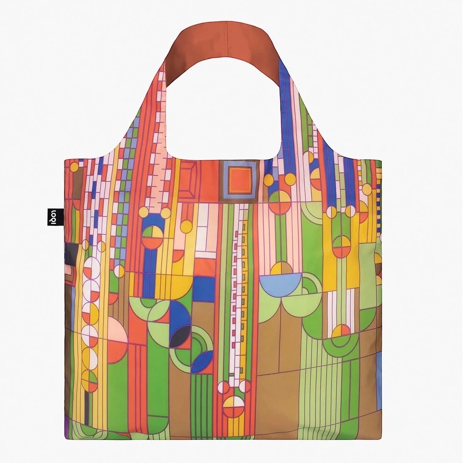 Patchwork with Busyfingers Frank Lloyd Wright Liberty shopper tote in TPU with geometric architectural motifs in vibrant colours.