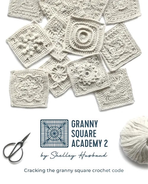 Patchwork with Busyfingers Granny Square Academy 2 book cover featuring various white crocheted granny squares