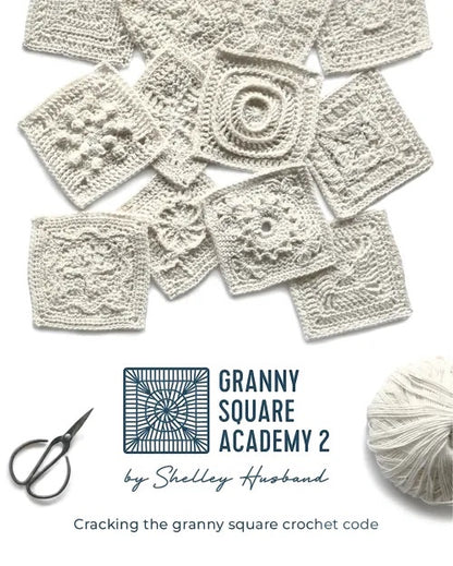 Patchwork with Busyfingers Granny Square Academy 2 book cover featuring various white crocheted granny squares