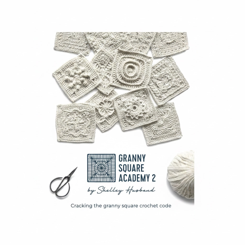 Patchwork with Busyfingers Granny Square Academy 2 book cover with white crochet squares, scissors, and yarn ball.