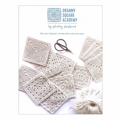 Patchwork with Busyfingers Granny Square Academy crochet instruction book cover with cream yarn and granny squares.