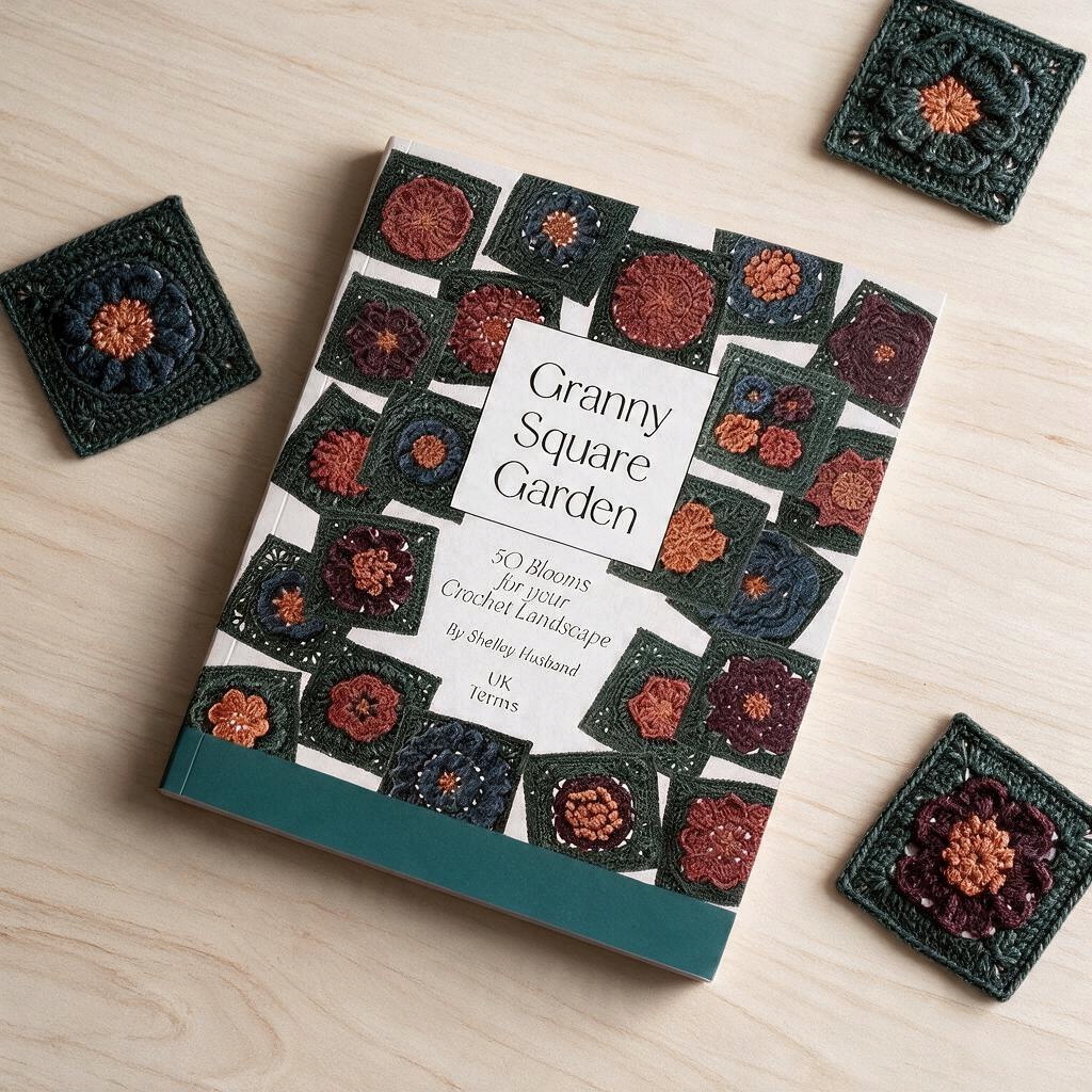 Patchwork with Busyfingers Granny Square Garden crochet book with floral square samples on a wooden surface