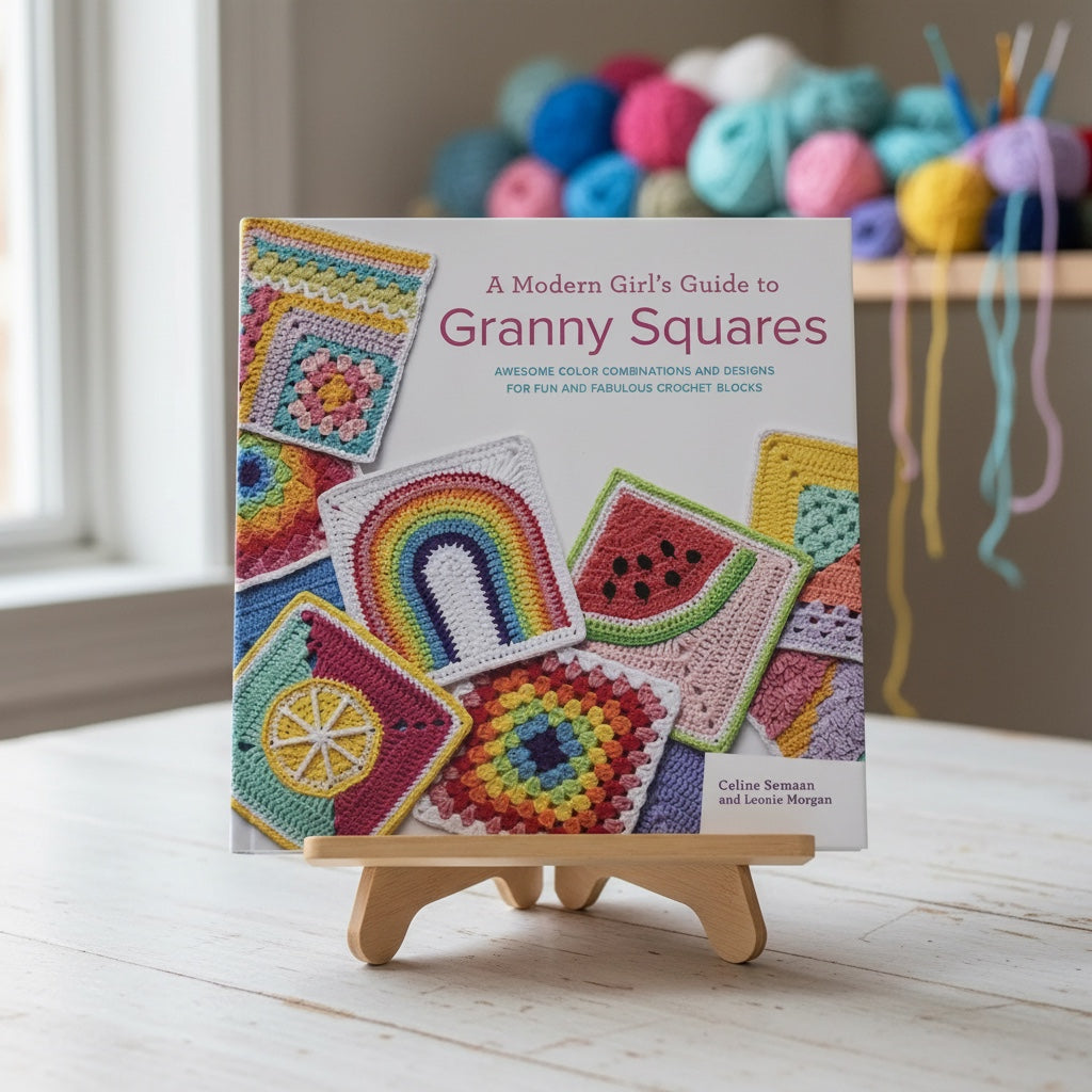 Patchwork with Busyfingers A Modern Girl’s Guide to Granny Squares book on a wooden stand with colorful yarn balls