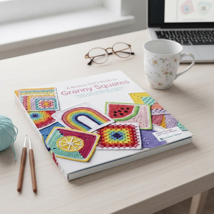 Patchwork with Busyfingers A Modern Girl’s Guide to Granny Squares book with colourful crochet block patterns on cover
