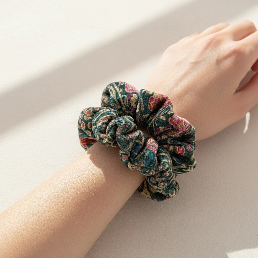 Patchwork with Busyfingers green floral velvet scrunchie with hidden zipper compartment for small essentials.