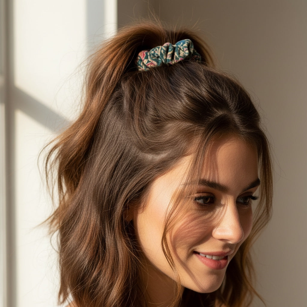 Patchwork with Busyfingers green floral velvet scrunchie with hidden zipper compartment for small essentials.