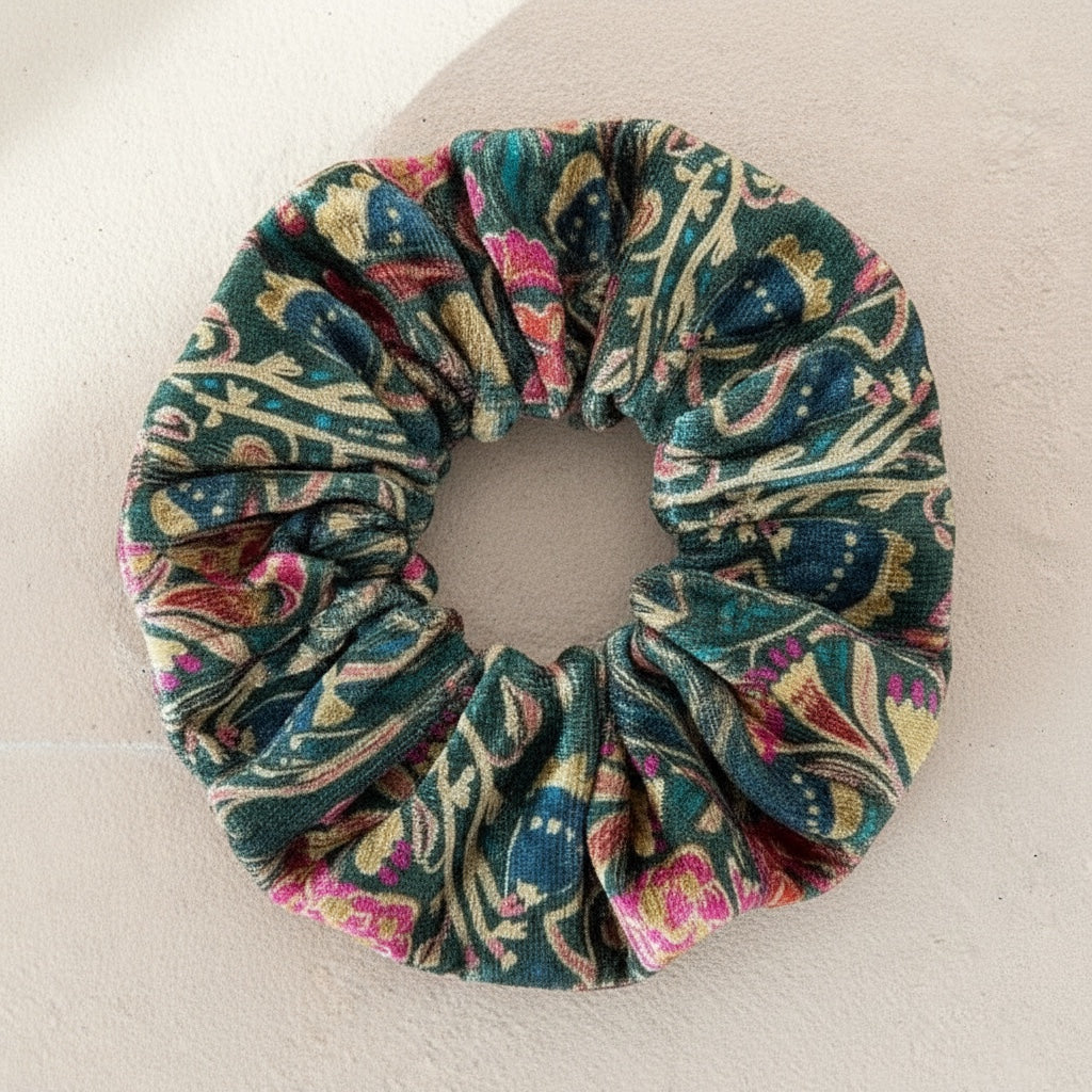 Patchwork with Busyfingers green floral velvet scrunchie with hidden zipper compartment holding earbuds and a key.