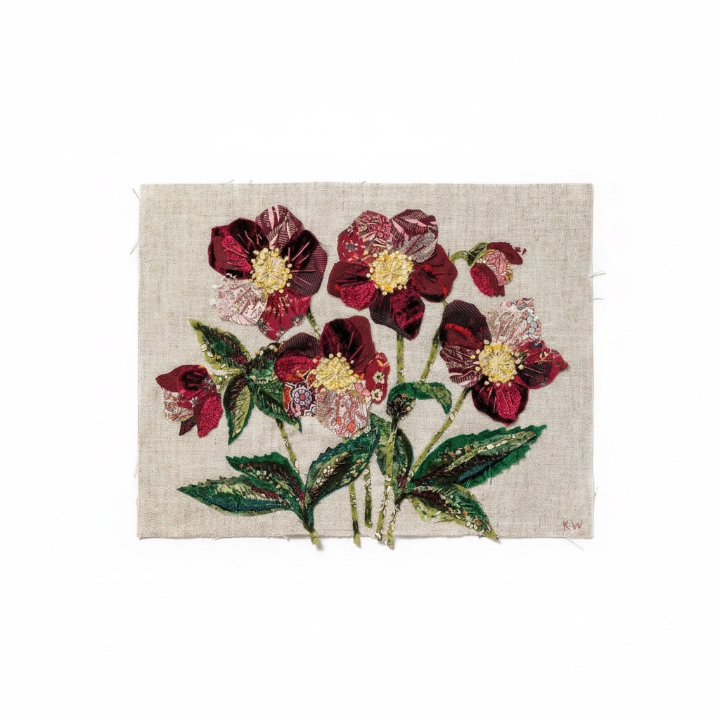 Patchwork with Busyfingers Hellebores slow stitching kit featuring burgundy floral fabric applique on natural linen.