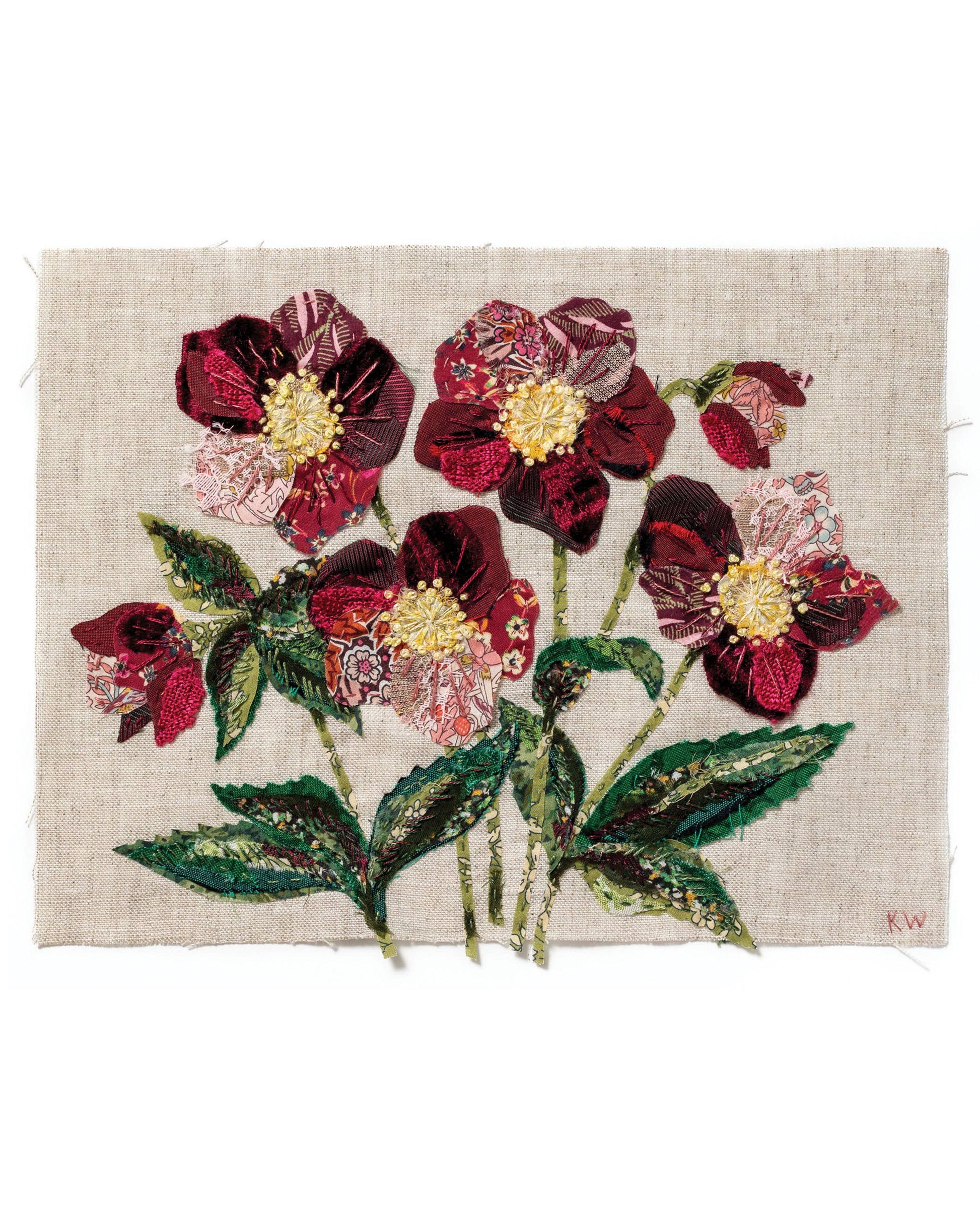 Patchwork with Busyfingers Hellebores slow stitching kit featuring burgundy floral fabric applique on natural linen.