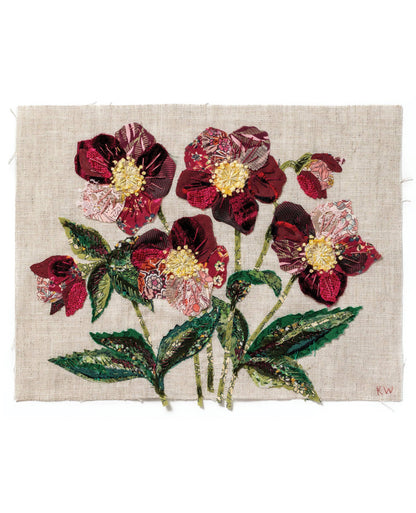 Patchwork with Busyfingers Hellebores slow stitching kit featuring burgundy floral fabric applique on natural linen.