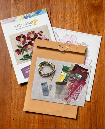 Patchwork with Busyfingers Hellebores slow stitching kit with fabric scraps, embroidery threads, and pattern guide.