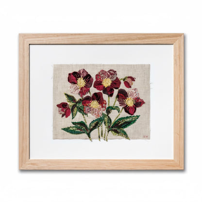 Patchwork with Busyfingers Hellebores slow stitching kit featuring burgundy floral embroidery on natural linen.