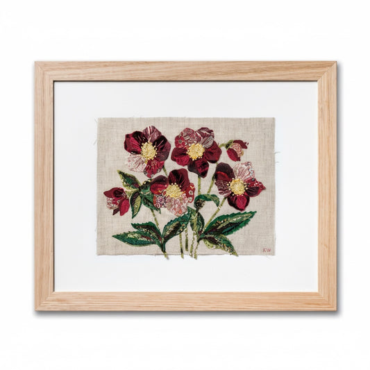 Patchwork with Busyfingers Hellebores slow stitching kit featuring burgundy floral embroidery on natural linen.