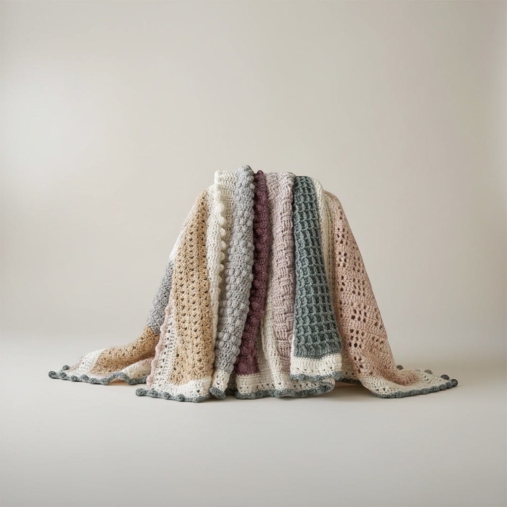 Patchwork with Busyfingers Hidden Stitch Blanket CAL: a striped crochet blanket with various stitch patterns in cream, beige, grey, mauve, and sage green.