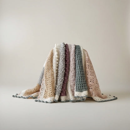 Patchwork with Busyfingers Hidden Stitch Blanket CAL: a striped crochet blanket with various stitch patterns in cream, beige, grey, mauve, and sage green.
