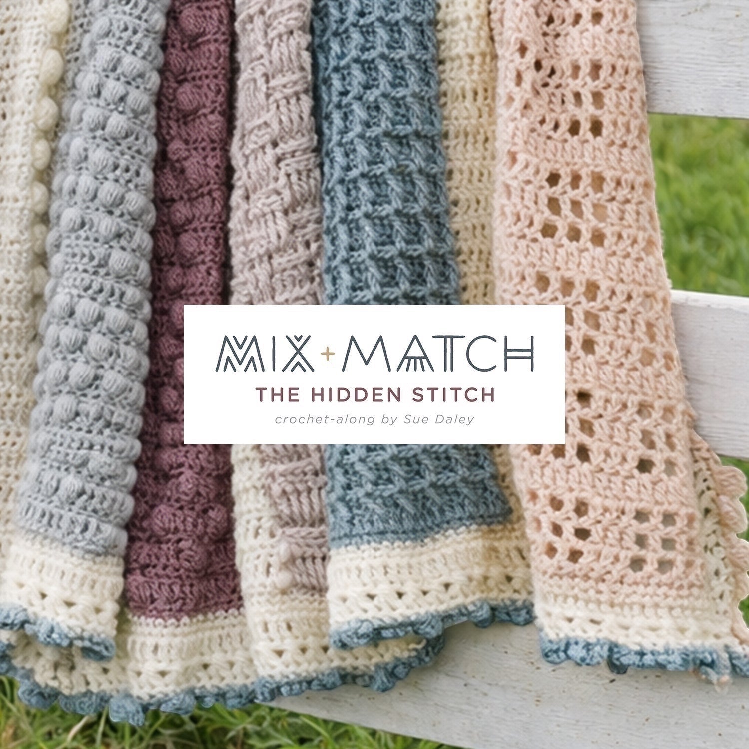 Patchwork with Busyfingers Mix & Match The Hidden Stitch crochet-along blanket with various textured stitches in cream, grey, mauve, beige, and blue.