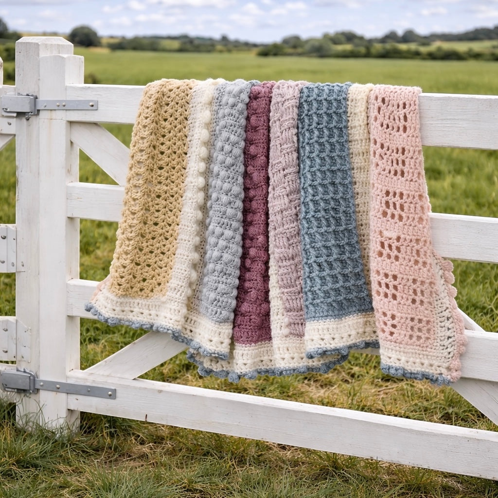 Patchwork with Busyfingers Hidden Stitch yarn set featuring crochet blanket in cream, sand, grey, dusty pink, and blue tones with bobble and lattice stitches.