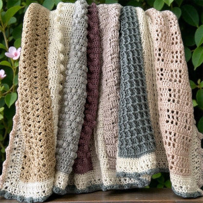 Patchwork with Busyfingers Hidden Stitch yarn set in cream, natural, petal, sand, moss, dusty pink, and light grey. Features various crochet stitches and textures.