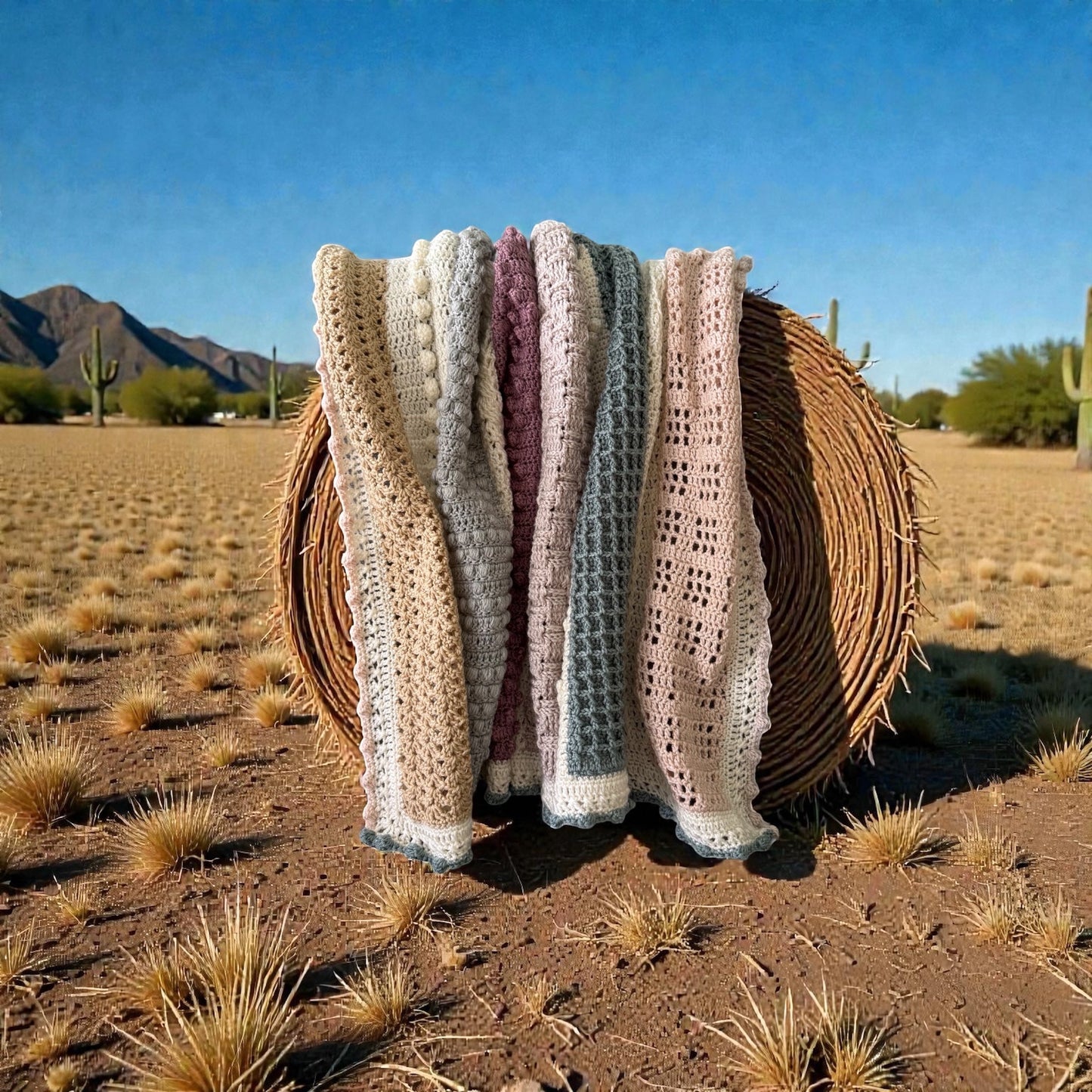 Patchwork with Busyfingers Hidden Stitch yarn set in cream, sand, dusty pink, and light grey crochet blanket with textured stitches.