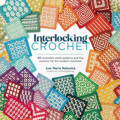 Patchwork with Busyfingers Interlocking Crochet book cover featuring colorful, intricate reversible stitch patterns.